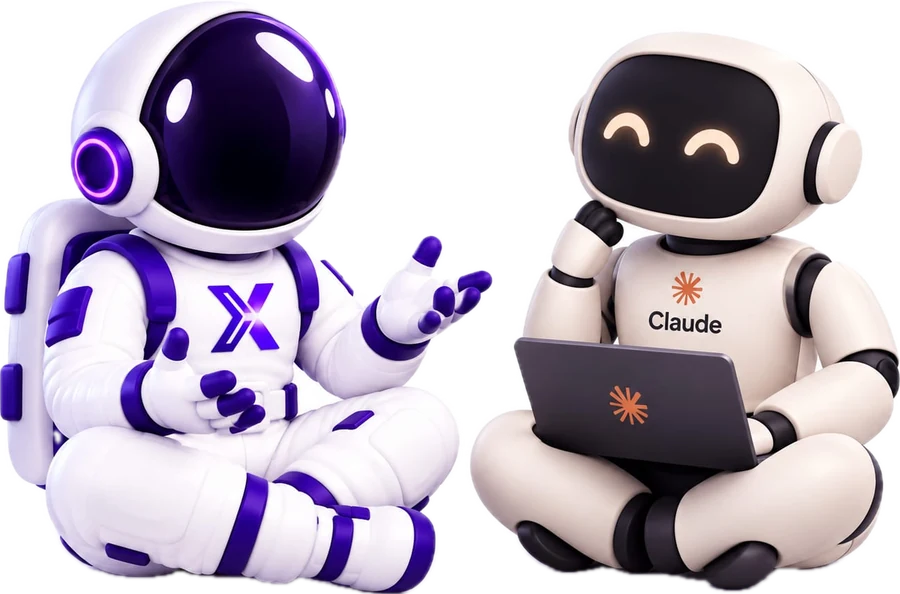 Xibi conversando con un robot asistente de IA frente a una laptop